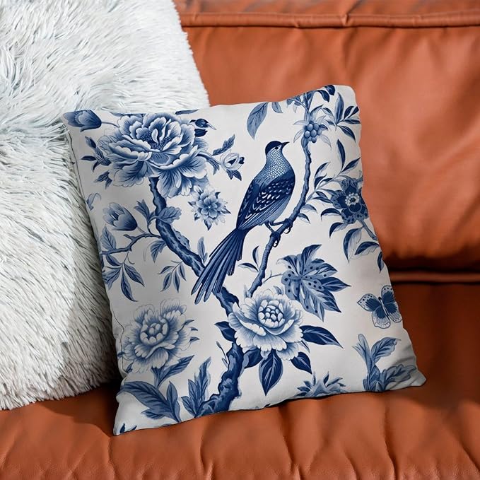 Blue Indigo Floral Chinoiserie Outdoor Throw Pillow Covers Asian Navy Lotus Bird Waterproof Throw Pillowcase 20x20 in Modern Accent Cushion Cover for Patio Furniture Garden