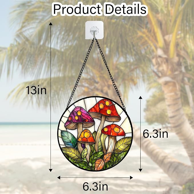 DASTOLL Stained Glass Window Hanging, Mushroom Leaves Suncatcher for Doors Home Sun Catchers Decoration and Christmas, Mother's Day Birthday Gifts for Women, Men, and Mom 11.8x11.8 in