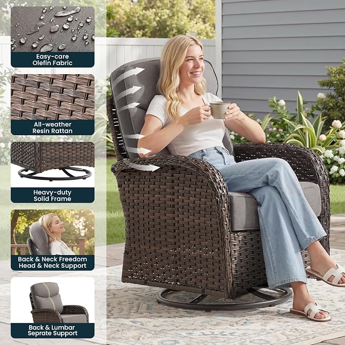 High Back Luxury Patio Furniture Set with 6-inch Thick Cushion, Swivel Rocker Patio Chairs with Outdoor Couch, 6 Piece Wicker Conversation Set for Deck Yard Garden Balcony Gray Cushion