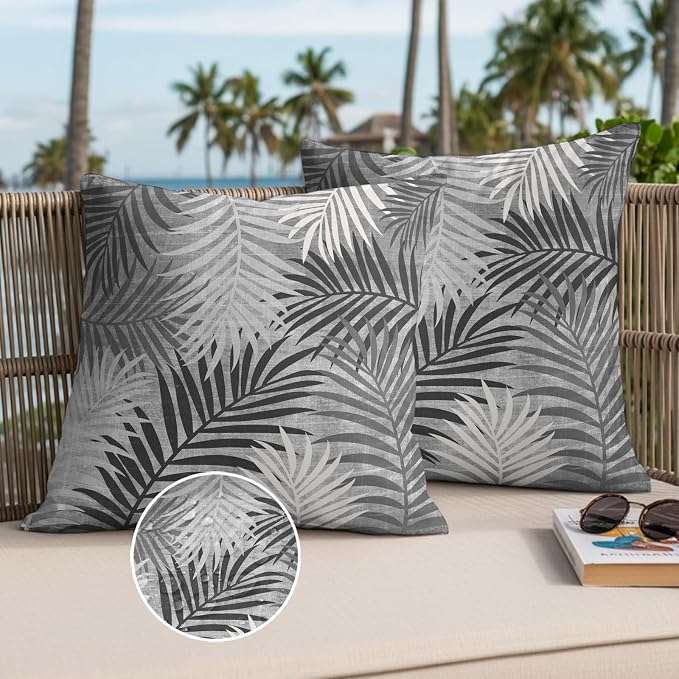 Gray Palm Leaves Waterproof Outdoor Pillow Covers Set of 2 Home Decor, Summer Tropical Leaf Plant Pillowcase Patio Pillow Covers for Couch Bench Patio Furniture Garden 16x16in