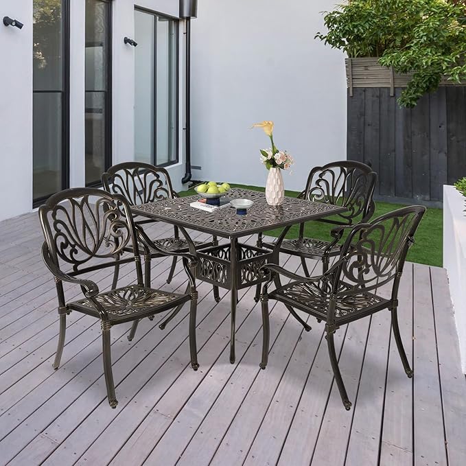 Cast Aluminum Outdoor Patio Dining Set, All Weather Outdoor Furniture Dining Set for Patio, Balcony, Lawn, Garden, Backyard (1 Square Table+ 4 Dining Chairs)
