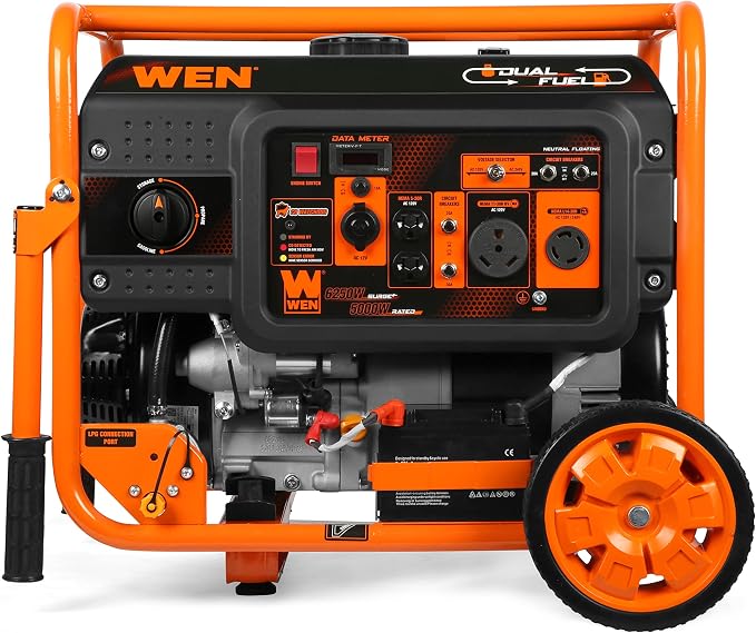 WEN DF623X 6250-Watt 120-Volt/240-Volt Dual Fuel Electric Start Portable Generator with Wheel Kit and CO Shutdown Sensor, Black
