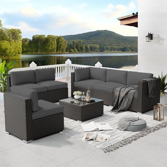 Betterland 7 Piece Outdoor Sectional Sofa Patio Furniture Set, All-Weather PE Rattan Wicker Patio Conversation Set with Washable Cushion, Glass Table and Waterproof Cover(Grey)