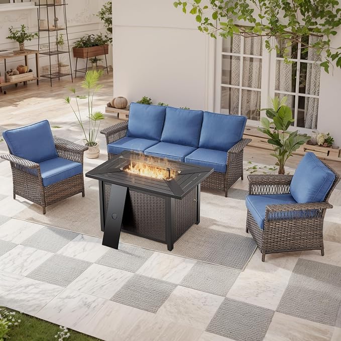 Patio Furniture Set with Fire Pit Table, 4PCS Patio Conversation Set Brown Resin Wicker Patio Chair and Sofa with 43in Rectangular Iron Firepit Table PE Rattan Patio Furniture Set