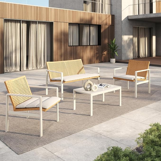 Grand patio 4-Piece Outdoor Furniture Set, Wicker Small Patio Set with Beige Seat Cushions, Outdoor Conversation Furniture with Coffee Table for Poolside, Backyard, Balcony, Porch