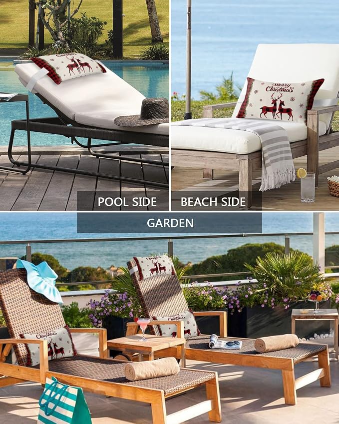 Outdoor Pillows Covers with Inserts Christmas Red and Black Buffalo Plaid Elk Waterproof Recliner Pillow with Adjustable Strap Throw Pillows for Patio Furniture Pool Lounge Chair, 12x20 inch, 1PCS