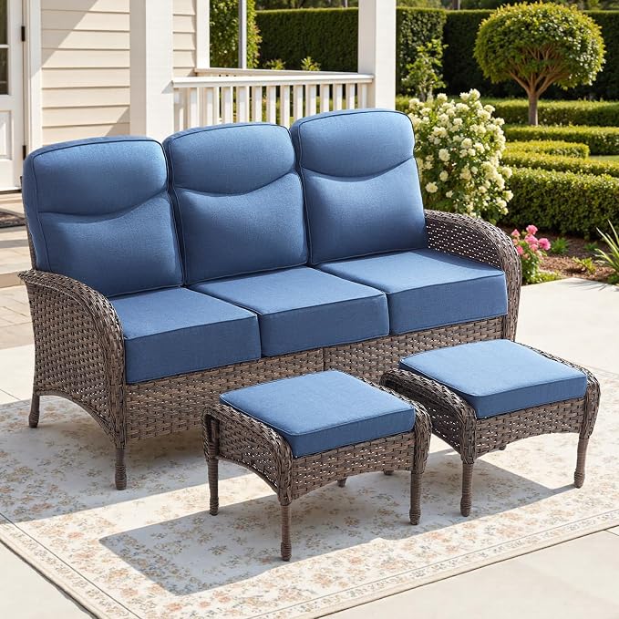 3-Piece Luxury Patio Furniture Sofa Set with 6-Inch Thick Cushions– Outdoor Wicker Conversation Set with Covered Couch, Multifunctional Ottoman & All-Weather Seating for Backyard, Porch, Garden Blue