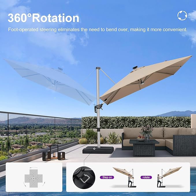 PURPLE LEAF Patio Umbrella with base 9 Feet Outdoor Square Cantilever Umbrella Solar Powered LED with 360-degree Rotation for Garden Deck Pool Patio, Beige