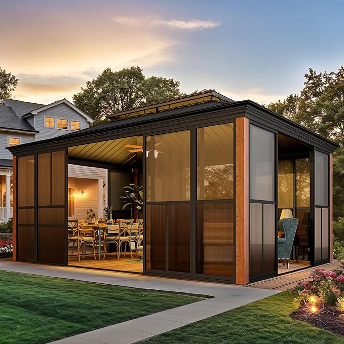 EROMMY 12' X 16' Hardtop Sunroom, Galvanized Steel Double Roof Gazebo Solarium with Wood Grain Aluminum Frame & Detachable Windows, All-Weather Sun Room for Patio Deck Backyard