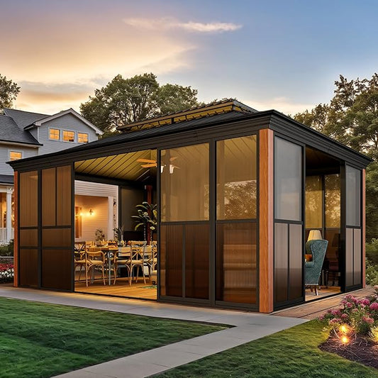 EROMMY 12' X 16' Hardtop Sunroom, Galvanized Steel Double Roof Gazebo Solarium with Wood Grain Aluminum Frame & Detachable Windows, All-Weather Sun Room for Patio Deck Backyard