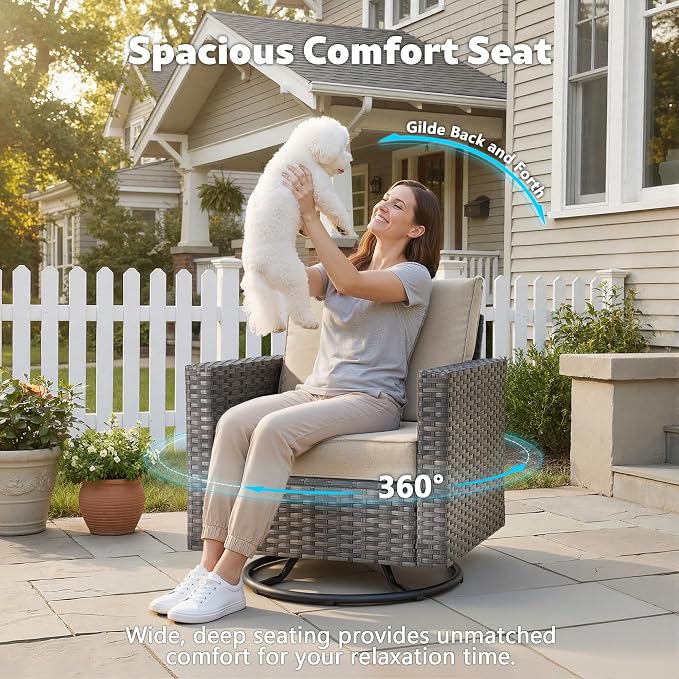 CAODOC 7-Piece Outdoor Wicker Patio Set with 7 Seats, Including 53" Fire Pit - Swivel Rocker Chairs and Conversation Set for Backyard or Lawn, Gray Rattan with Waterproof Beige Cushions