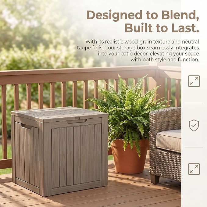 35 Gallon Deck Box Outdoor Waterproof, Resin Storage Box Outdoor Lockable, Multipurpose Outside Container for Patio Cushions, Garden Tools & Package Drop, UV & Fade Resistant Gray Brown
