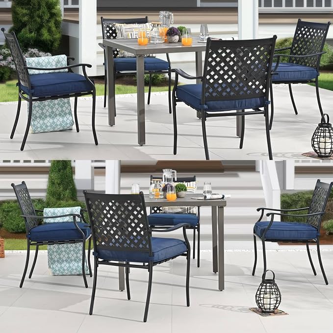 Patio Dining Set 5Pcs Outdoor Metal Furniture Dining Sets Wood Grain Suqare Table Chairs Set with Blue Cushion Galvanized Steel Frame