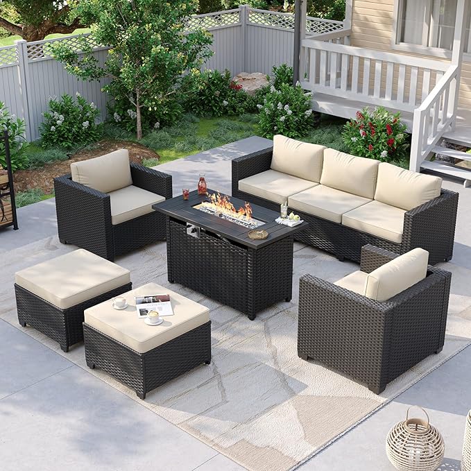 Aoxun Patio Furniture Set with Fire Pit Table, 6 Piece Outdoor Furniture Set with Wicker Ottomans, Rattan Outdoor Patio Sectional Sofas with Thickened Cushion & Waterproof Cover Beige