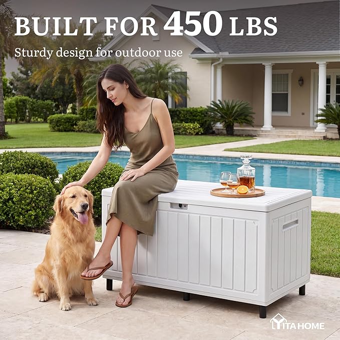 YITAHOME 90 Gallon Outdoor Storage Box with 6 Heavy-Duty Metal Legs & Ergonomic Dual Handles, Large Double-Wall Resin Deck Box, Lockable Waterproof Patio Organizer for Furniture, Cushions, White