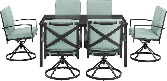 Crosley Furniture Kaplan 7-Piece Outdoor Dining Set for 6, Patio Table and Chairs for Backyard, Deck, Oiled Bronze with Mist Cushions