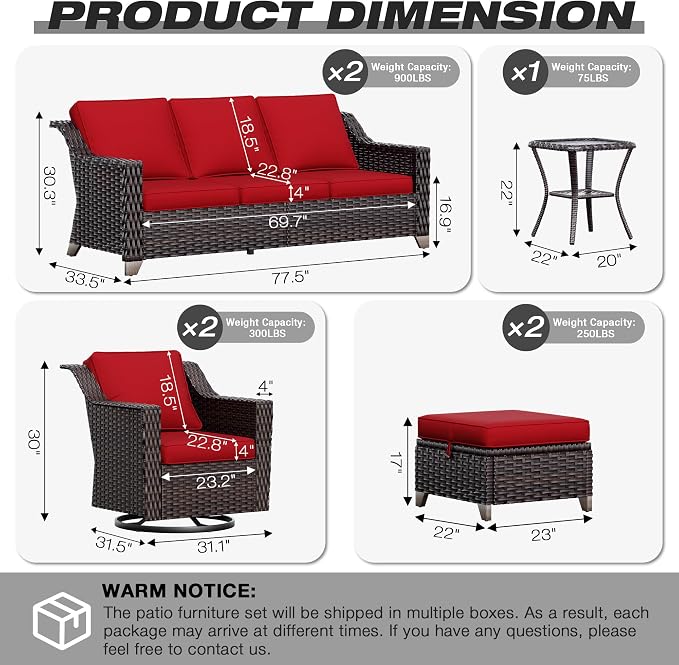 Joyside Wicker Patio Furniture Sets, 7 Pieces Upgraded Large Size Outdoor Furniture with Swivel Rocking Patio Chairs, Two 3-Seat Sofa, Outdoor Ottoman, Thick Cushions, Wide Armrest, Red