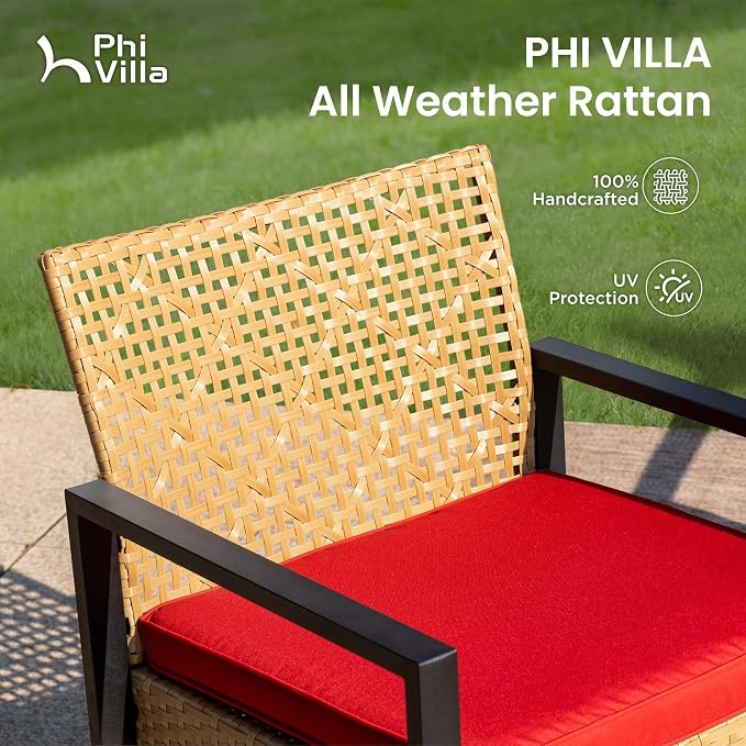 PHI VILLA Wicker Patio Furniture Set for 4, Small Patio Loveseat and Chairs with Acacia Wood Coffee Table, Outdoor Conversation Set with Red Cushion, Front Porch Furniture for Deck, Yard, Garden