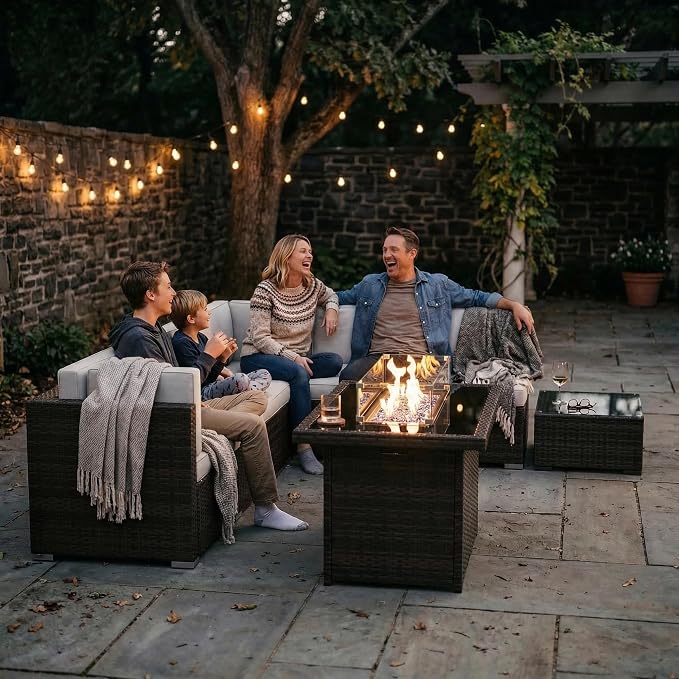 8 Pieces Patio Furniture Set with 44" Propane Gas Fire Pit Table, Outdoor Sectional Brown Rattan Wicker Conversation Sofa Sets with Coffee Table
