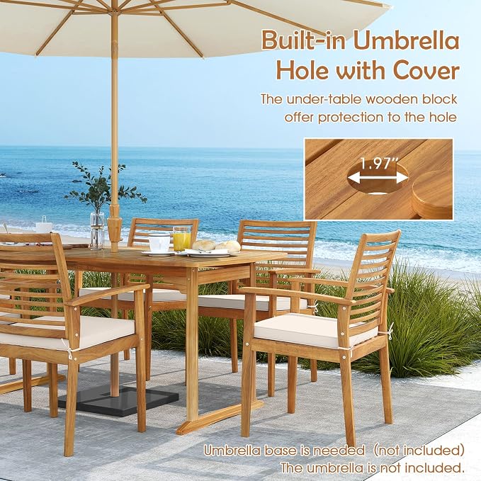 HAPPYGRILL 7 Pieces Acacia Wood Outdoor Dining Set for 6 People, Patio Table & Chair Set with Umbrella Hole, Outside Picnic Furniture