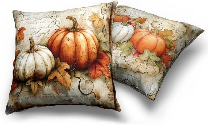 Fall Pillow Covers 22x22 Vintage White Orange Pumpkin with Maple Leaves Decorative Pillow Case Set of 2 Autumn Cotton Linen Cushion Case for Couch Patio Bench