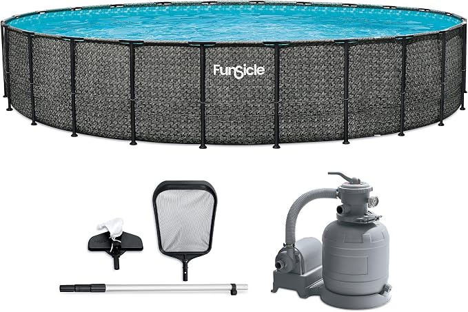 Funsicle Oasis Designer 24' x 52" Round Above Ground Swimming Pool, with 12" Sand Filter Pump, Ladder, Maintenance Kit, Cover, Ground Cloth & Repair Patch, Dark Herringbone