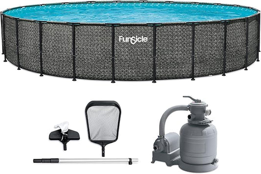 Funsicle Oasis Designer 24' x 52" Round Above Ground Swimming Pool, with 12" Sand Filter Pump, Ladder, Maintenance Kit, Cover, Ground Cloth & Repair Patch, Dark Herringbone