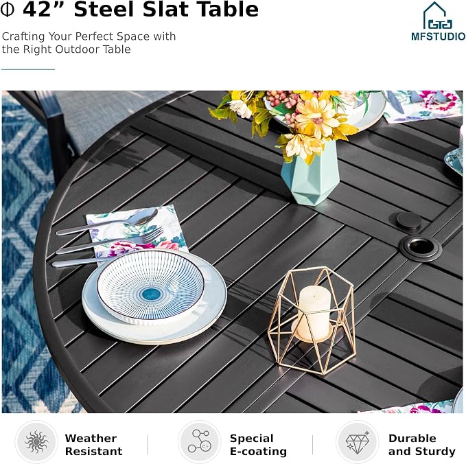 MFSTUDIO 5-Piece Patio Dining Set, 42" Round Metal Table, Swivel Chairs | Umbrella Hole