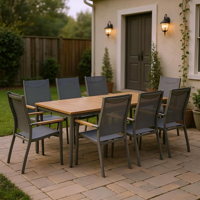 Urban Elements Solar 9-Piece Rectangular Patio Dining Set for 8 | Certified Teak & Aluminum | Ideal for Outdoors