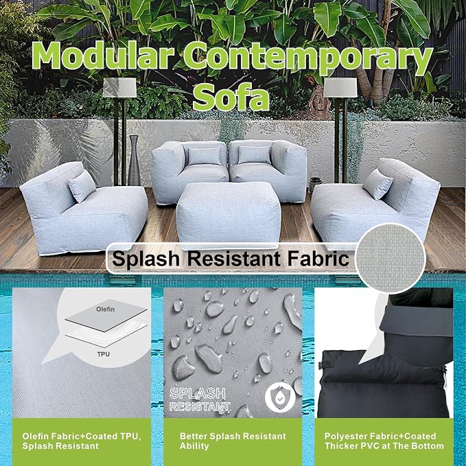 Patio Furniture Set Bean Bag Chairs Calaluna 5PC Outdoor Chairs Sectional Conversation Patio Set Daybed Furniture Outdoor Sofa Couch High Density Foam Filling Modern Comfy Patio Couch (Light Gray)