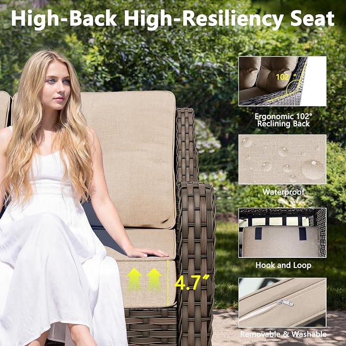 Gotland 7-Pcs Patio Conversation Set, Outdoor Thick Wicker Sectional Sofas with 2 Swivel Rocker Chairs, High Back Sectional Couch, Outdoor Furniture Set for Backyard, Deck, Porch, Khaki