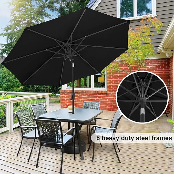 FLAME&SHADE 11 ft Patio Umbrella - Table Umbrella Outdoor with Push Button Tilt and Crank, UV Protection, 8 Sturdy Ribs, Market Umbrella for Garden, Deck, Backyard, Lawn, Pool and Beach(Black)