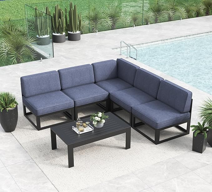 LayinSun Large Aluminum Patio Furniture Set, 6 Pieces Modern Outdoor Conversation Set Sectional Metal Sofa Set with Olefin Cushion