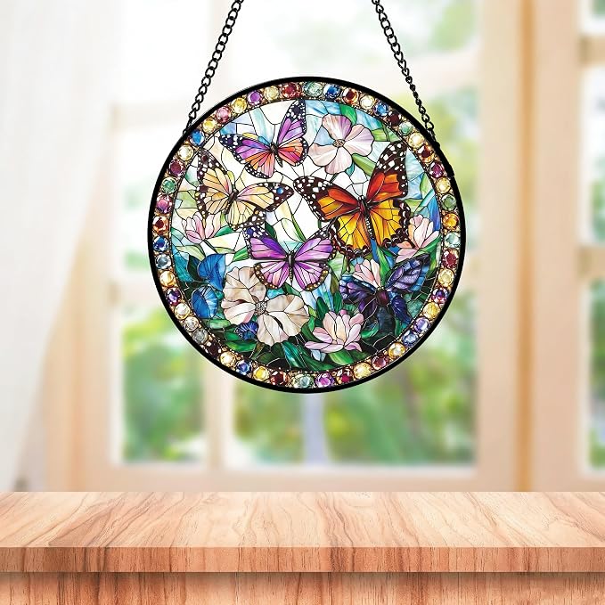 DASTOLL Stained Glass Window Hanging, Colorful Butterfly Suncatcher for Doors Home Sun Catchers Decoration and Christmas, Mother's Day Birthday Gifts for Women, Men, and Mom 7.8 in