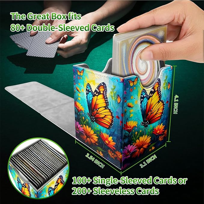Deck Box for MTG, Cards Storage Box Fits 120+ Sleeved, Leather Medium Size Strong Magnetic Closing Card Case for Board Games Magic TCG CCG Baseball Collection, Butterfly Blue Sky