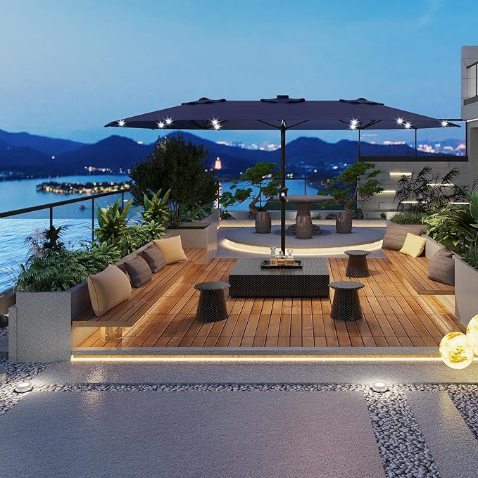 15FT Solar LED Lighted Patio Umbrella with 36 Lights, Outdoor Market Umbrella with Weighted Base Included, Crank Lift & Tilt, Large Shade for Backyard, Garden, Deck, Pool, Beach