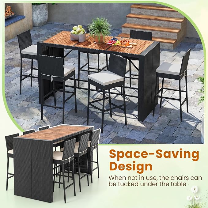 HAPPYGRILL 7-Piece Patio Bar Dining Set, PE Rattan Furniture Set w/Acacia Wood Tabletop & Soft Cushions, Outdoor Space-Saving Bar Table & 6 Armless Chairs w/Metal Frame for Balcony, Garden & Backyard