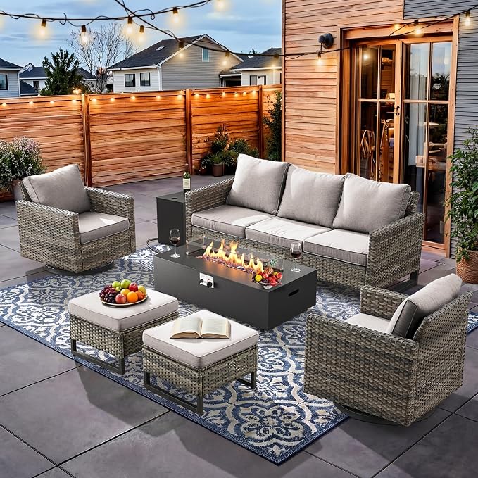 HUMMUH Patio Furniture Set with Fire Pit Table,7 Piece Wicker Outdoor Conversation Sets -Outdoor Swivel Rocker Chairs Patio Sofa for Porch,Garden,Backyard