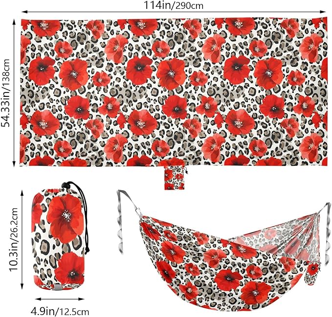 Camping Hammock Outdoor Hammocks for Outside Red Poppy Leopard Cheetah Beach Trees Portable Lightweight with Pockets Tree Straps Indoor