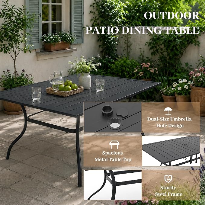 Anmutig 7-Piece Outdoor Dining Set, Powder Coated Steel Table with 6 Stackable Chairs, Black and Brown, 63 x 38 Inch Table