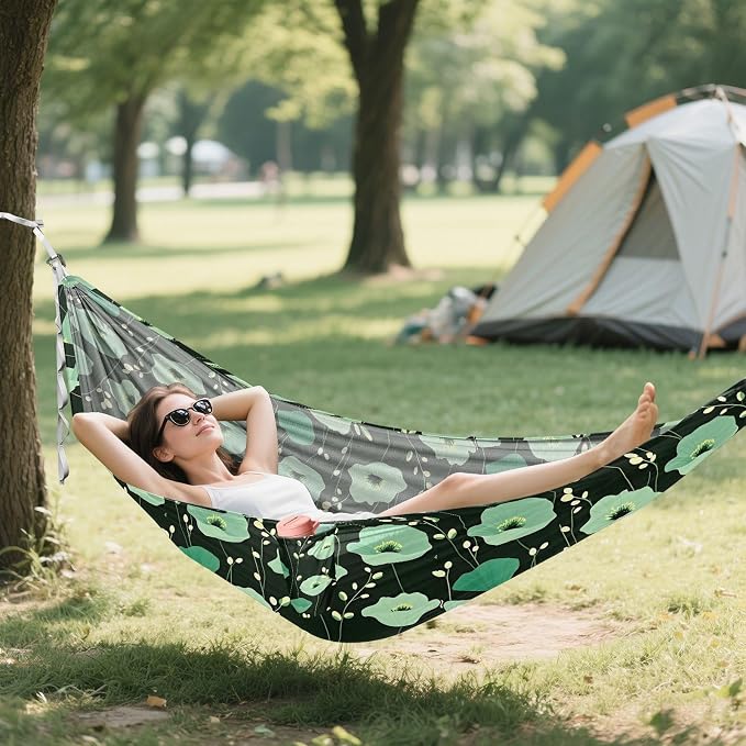 Camping Hammock Outdoor Hammocks for Outside Green Flowers Black Beach Trees Portable Lightweight with Pockets Tree Straps Indoor