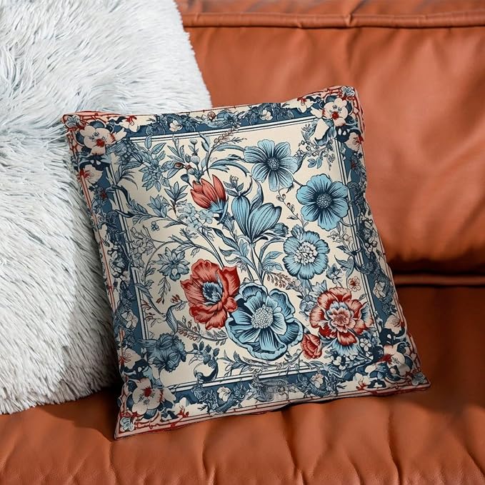 Chinoiserie Tree Peony Bird Pillow Cover Floral Coral Turquoise Navy Pillow Covers 24x24 INRetro Accent Modern Decorative Pillow Covers for Couch Sofa Patio