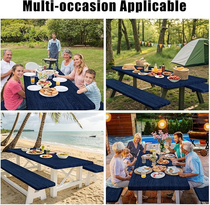 Smiry Picnic Table Cover with Bench Covers, Waterproof Elastic Fitted Tablecloth for 8 Foot Tables, Washable Polyester Tablecloths for Camping, Indoor & Outdoor (Navy & Black, 30x96 Inch 3-pc Set)