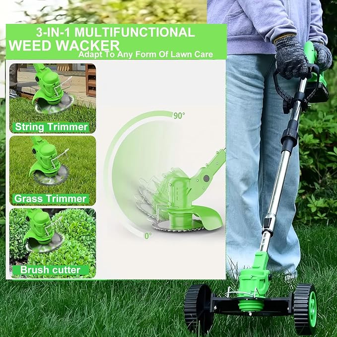 Weed Wacker, 21V Electric Cordless Weed Eater 2×4.0Ah Battery-Powered with 3 Types of Blades, Adjustable Cutting Angle & Height, 3-in-1 Stringless Grass Trimmer, Brush Cutter for Lawn Yard Garden