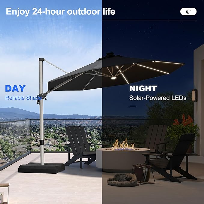 PURPLE LEAF Cantilever Umbrella with base 11ft Outdoor Round Patio Solar Powered LED Umbrella with 360-degree Rotation for Garden Deck Pool Patio, Grey