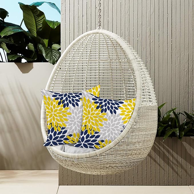 Yellow Blue Dahlia Floral Outdoor Pillow Covers 18x18 Set of 2 Waterproof Abstract Flower Summer Decorative Outdoor Pillow Covers for Patio Furniture Porch Couch Home Decoration (Navy Yellow)