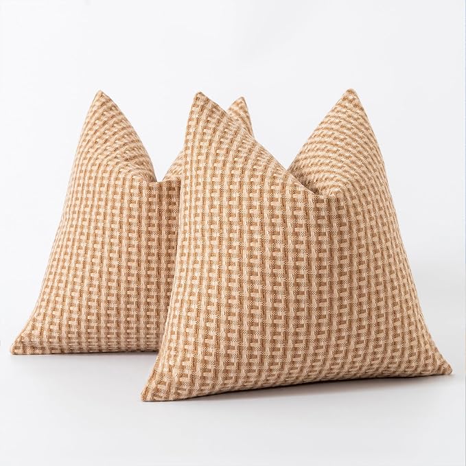Kevin Textile Outdoor Waterproof 16"x16" Pillow Covers 2 Pack, Light Brown | Water Resistant Weaving Faux Linen Texture Throw Pillow Covers, Outside Decorative Pillowcases for Garden Patio Balcony Couch