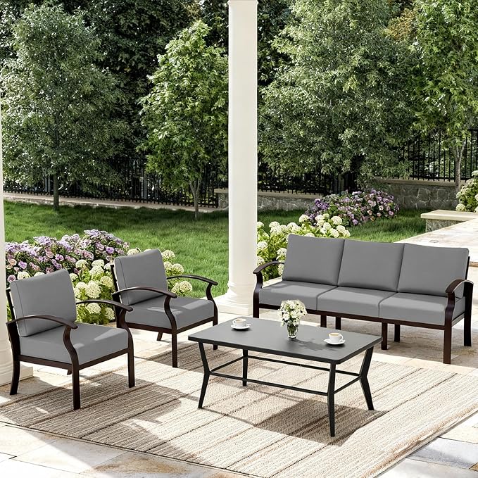 ALAULM Aluminum Patio Furniture Set with Coffee Table Rectangular，5-seat Outdoor Sectional Furniture w/5.1" Cushions，Patio Conversation Set for Porch, Backyard, Poolside-Grey