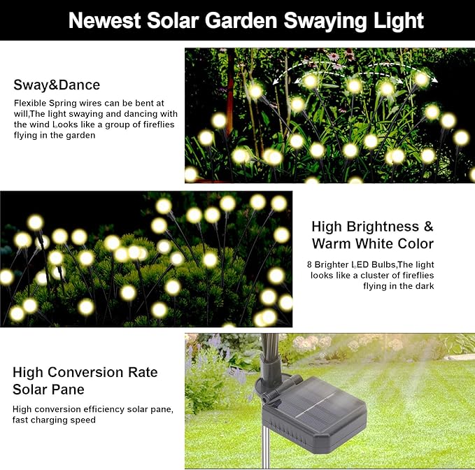 Solar Firefly Lights Outdoor, 8 Modes 800mAh Swaying Flashing Firefly Garden Lights Solar Powered Waterproof for Outside Yard Patio Pathway Lawn Christmas Garden Decor Warm White (4 Pack)