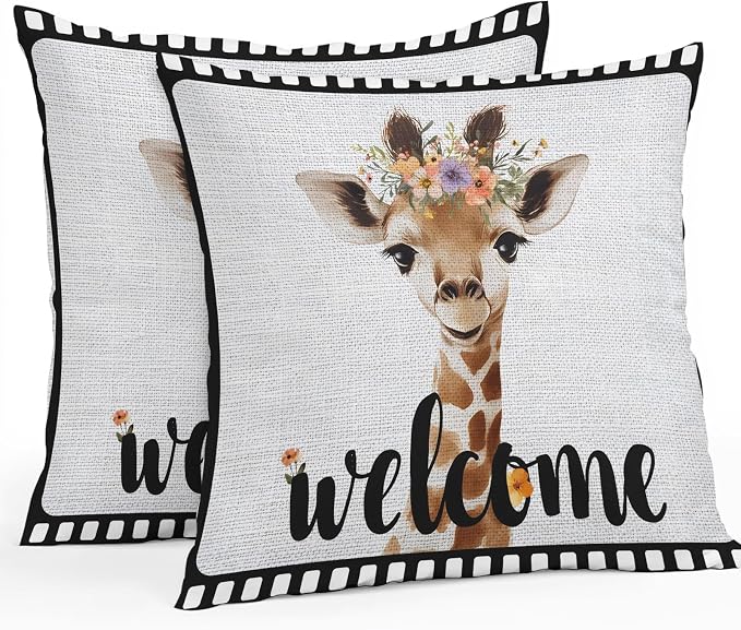 Funny Giraffe Outdoor Pillow Covers 16x16 Inch Throw Pillow Covers Set of 2 Waterproof Decorative Pillow Cases Abstract Animal Wreath Welcome Black Gray Linen Cushion Covers for Patio Furniture Garden